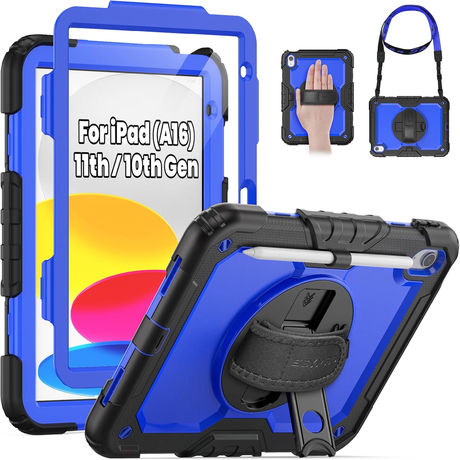 SEYMAC Case for iPad (A16) 11th/10th Generation 2025/2022 (11″/10.9″), Heavy Duty Full-Body Shockproof Protective Case with Screen Protector, Rotating Stand, Hand/Shoulder Strap, Black/Dark Blue