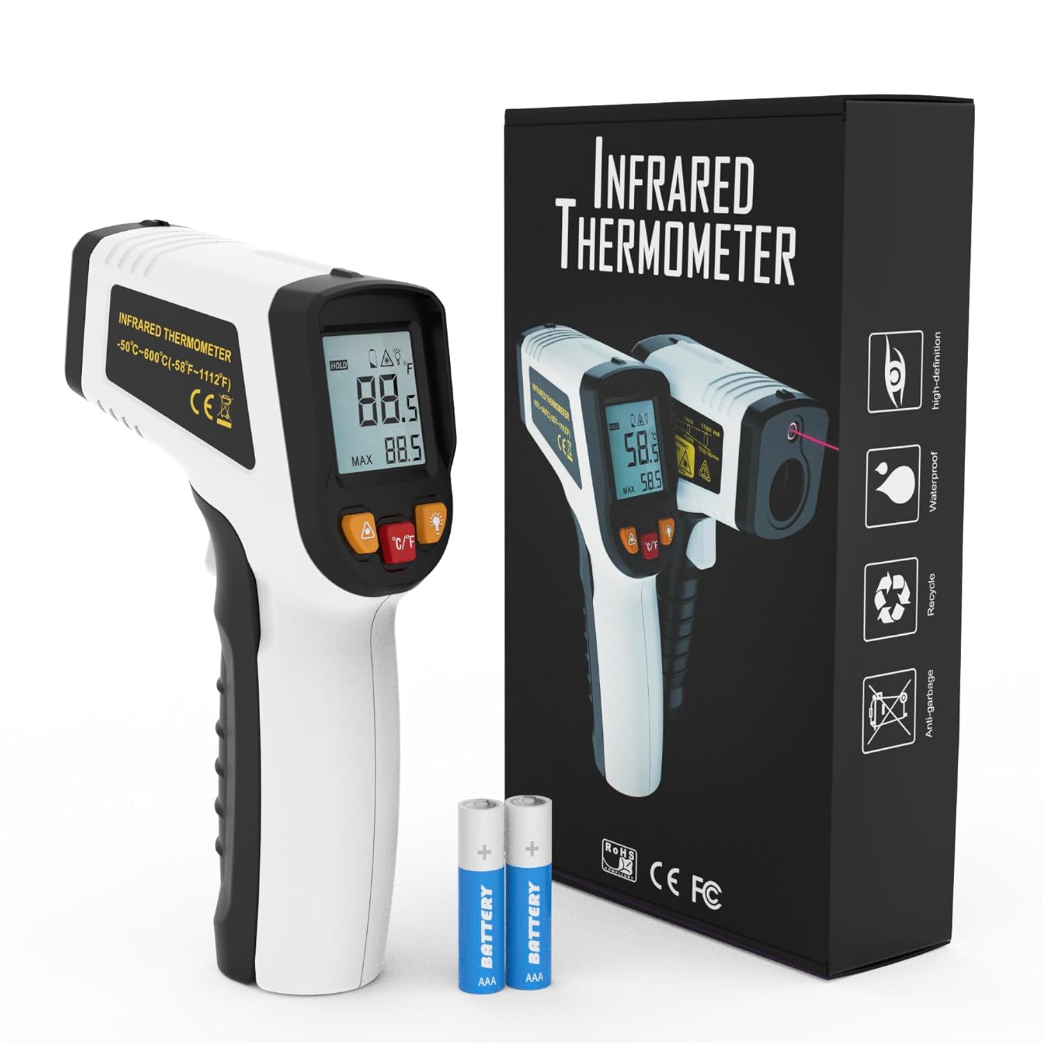 KNINE OUTDOORS Infrared Thermometer Laser Temperature Gun, -58℉ to 1112℉, Single Laser Targeting, Distance to Spot Ratio 12:1, for Cooking, Oven and Meat (White)