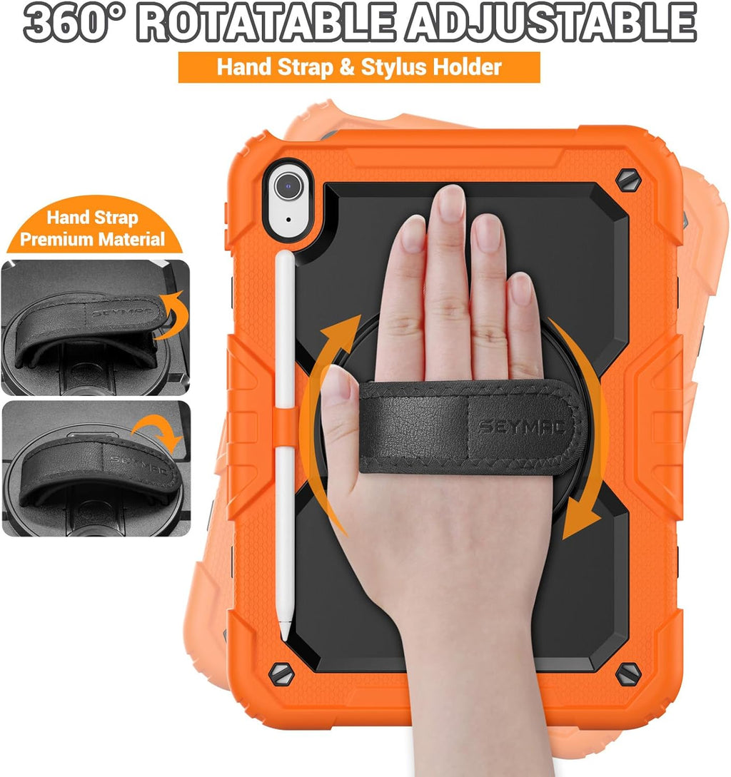 SEYMAC for iPad (A16) 11th/10th Generation Case 2025/2022 (11″/10.9″), Sturdy Heavy Duty Full-Body Shockproof Protective Case with Screen Protector, Rotating Stand, Hand/Shoulder Strap, Black/Orange