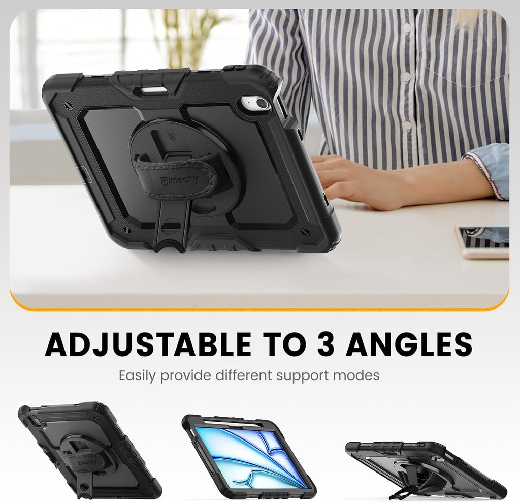 timecity Case for iPad Air 11 Inch M3/ M2 (2025/2024), 360° Rotating Stand, Pencil Holder & Wireless Charging, Shockproof with Screen Protector & Shoulder Strap - for Designers, Black