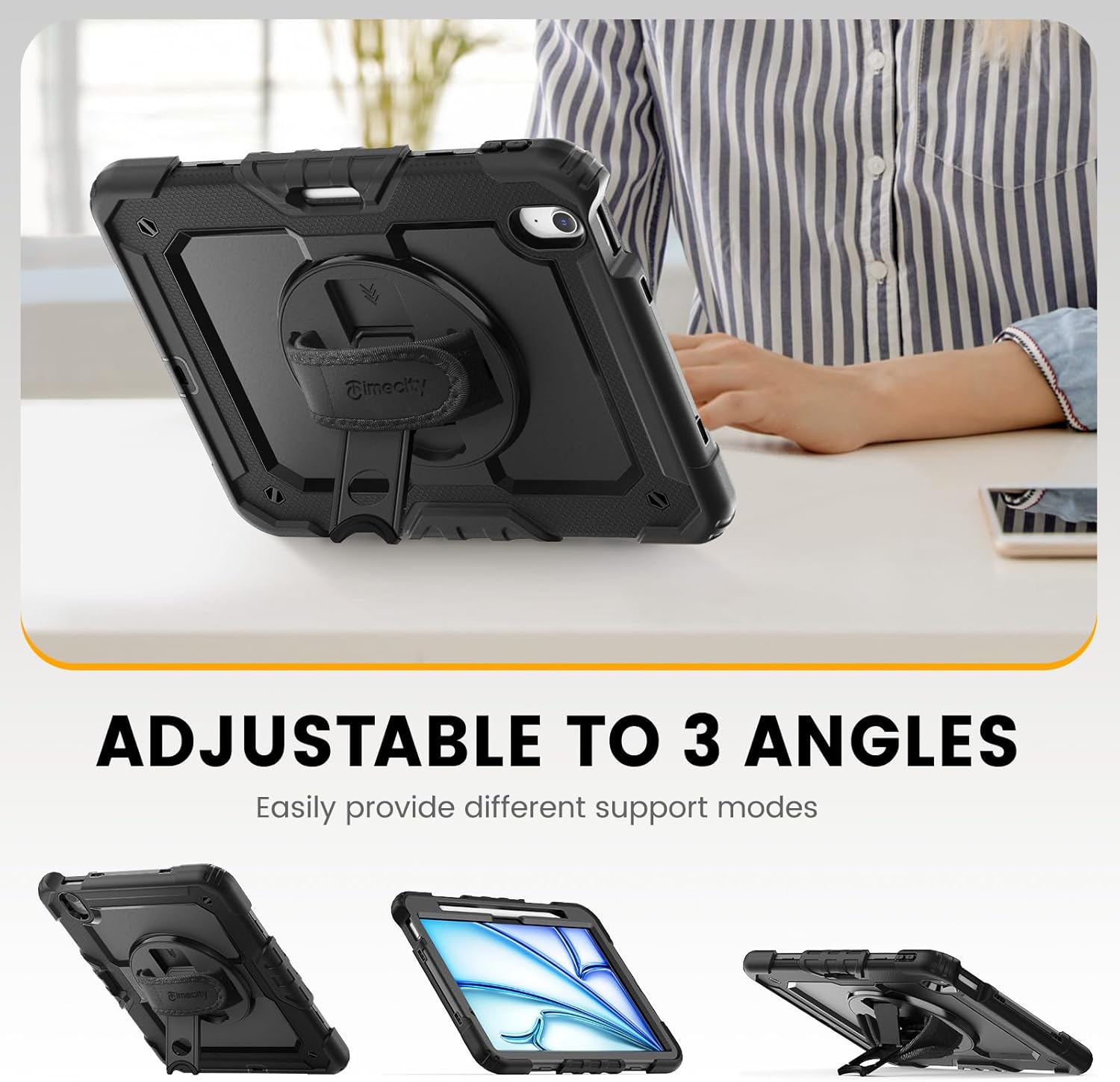 timecity Case for iPad Air 11 Inch M3/ M2 (2025/2024), 360° Rotating Stand, Pencil Holder & Wireless Charging, Shockproof with Screen Protector & Shoulder Strap - for Designers, Black