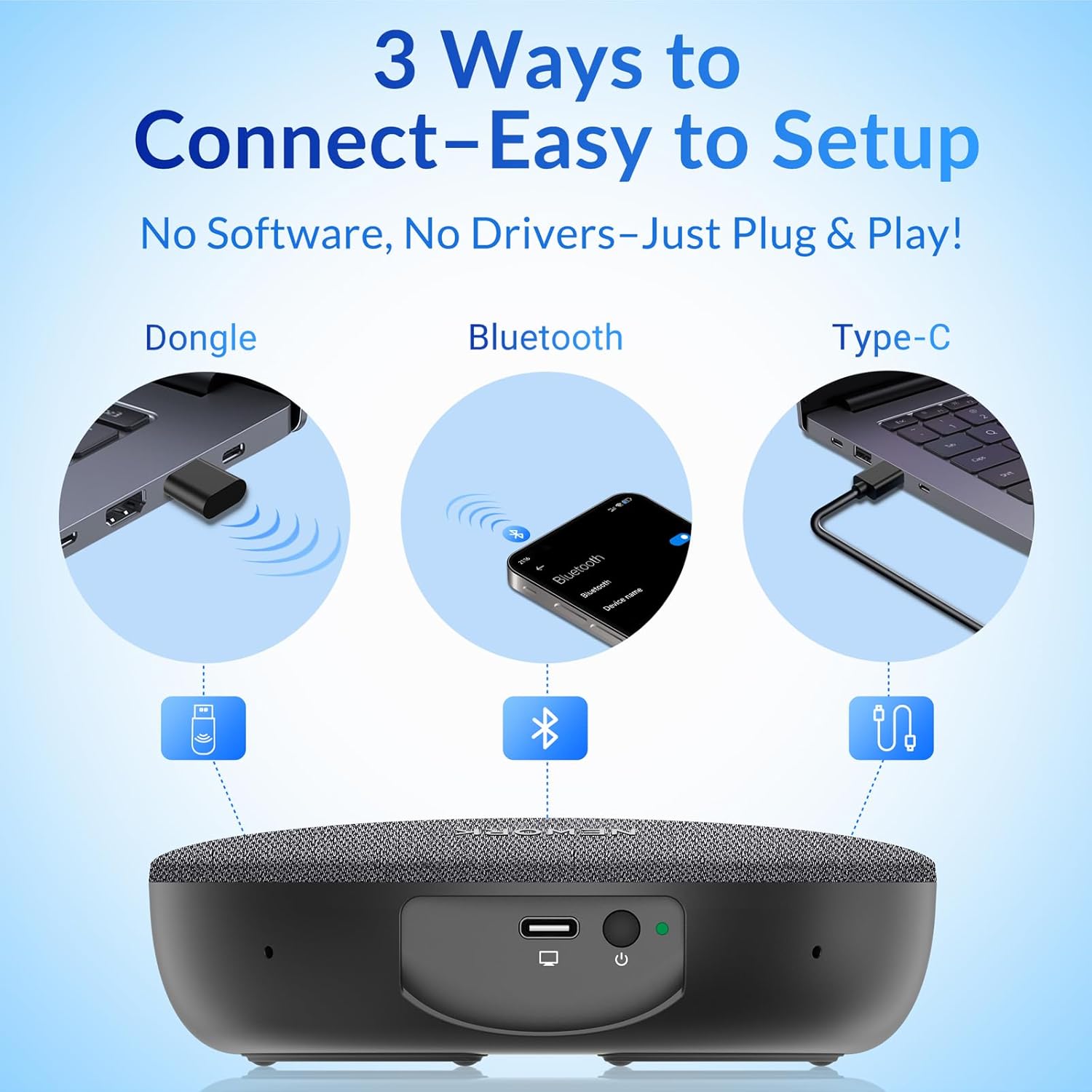 Bluetooth Conference Speakerphone with 4 Mics, AI Noise Reduction, 360° Voice Pickup, 2600mAh Battery, Bluetooth/USB-C/Dongle, Daisy Chain for Large Rooms, Compatible with Zoom/Teams/Skype