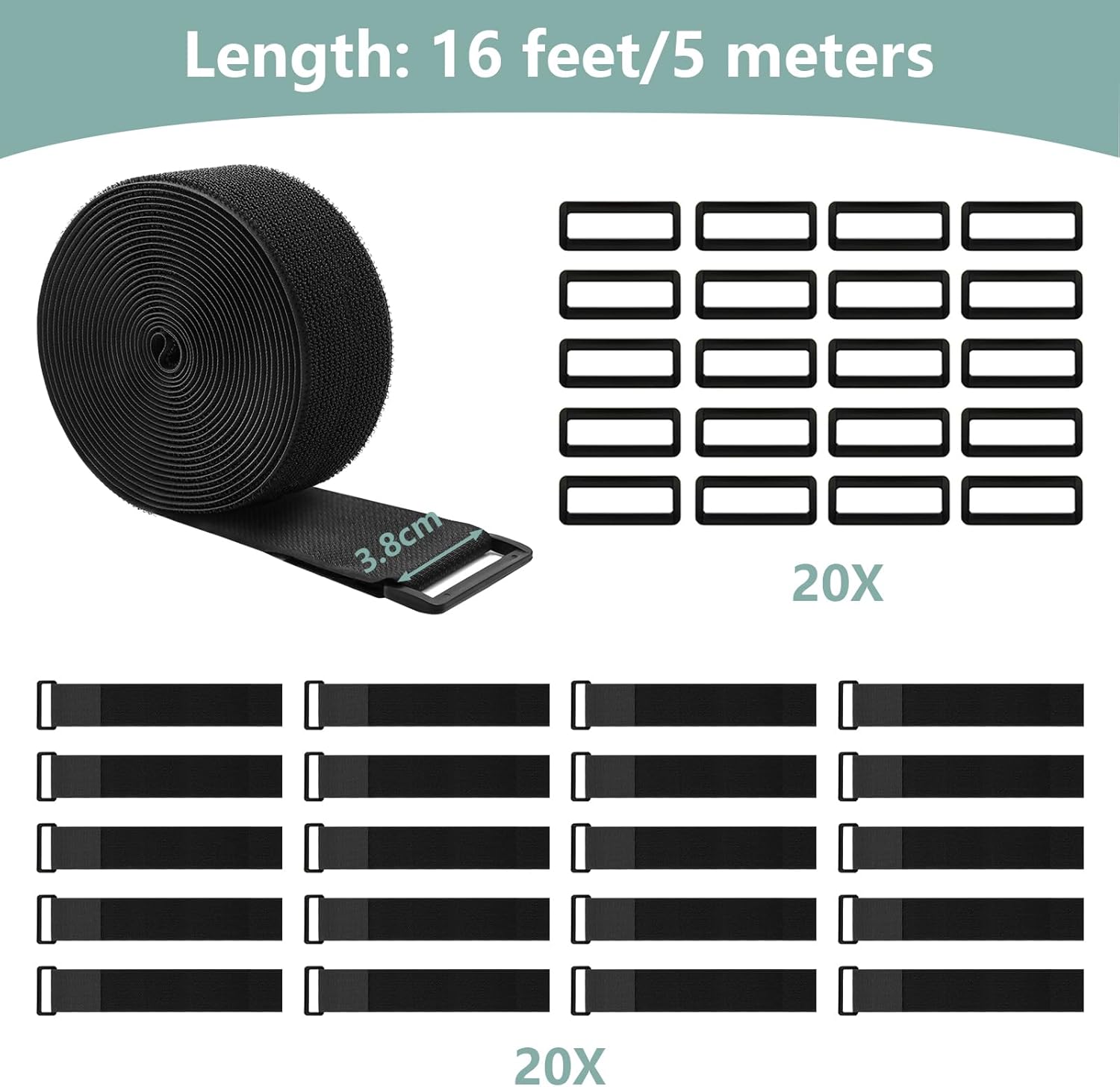 1.5In x 16Ft Cinch Straps Heavy Duty With 20 Buckles, Black Nylon Hook and Loop Straps, Reusable Long Cable Ties for Organizer or Storage