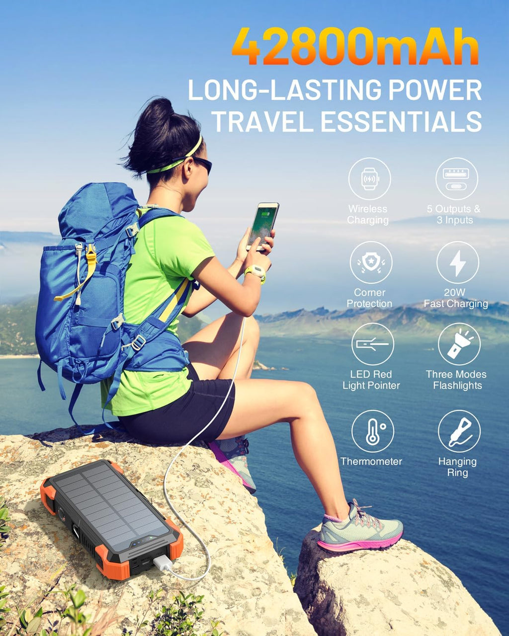 GOODaaa Solar Power Bank, 42800mAh Portable Charger 20W Fast Charging External Battery Pack Built in 4 Cables, Wireless Charging Power Bank for Apple Watches with Flashlight, Carabiner,Thermometer