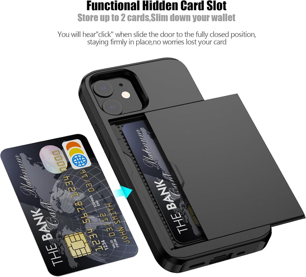 Nvollnoe for iPhone 12 Mini Case with Card Holder Heavy Duty Protective Dual Layer Shockproof Hidden Card Slot Slim Wallet Case for iPhone 12 Mini for Men&Women(Black)