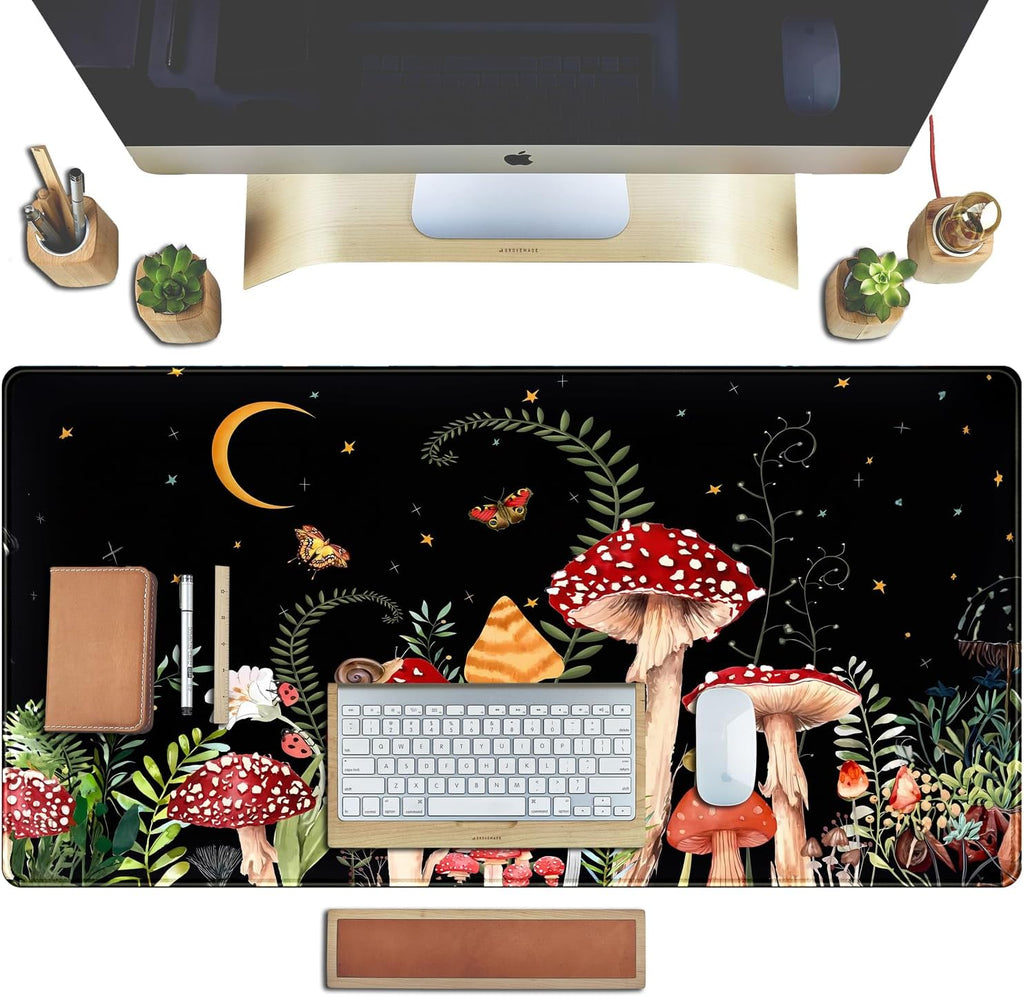Ferns Leaves Cute Mushrooms Desk Mat Kawaii Green Plants Mouse Pad Xl Mat Large Gaming Desk Pad For Desk Decor Laptop Computer Keyboard Pad Desk Home Office For Women With Stitched Rounds 31.5x15.7 In