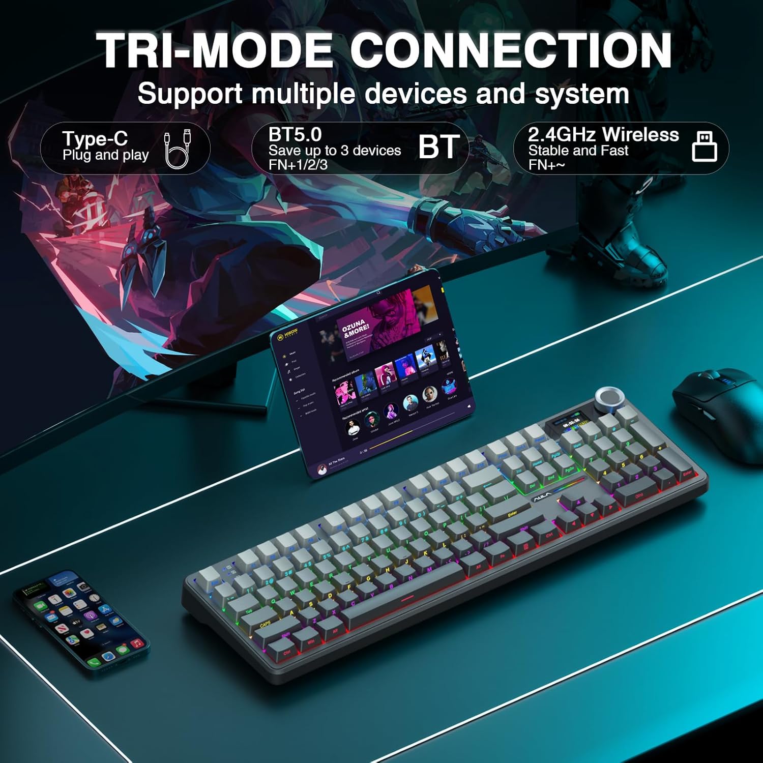 AULA F108 PRO - Wireless Mechanical Keyboard with Screen & Knob,Full Size Keyboard with 8000mAh Battery,Pre-lubed Switches,Side Printed PBT Keycaps,RGB Backlit Hot Swappable Custom Gaming Keyboards