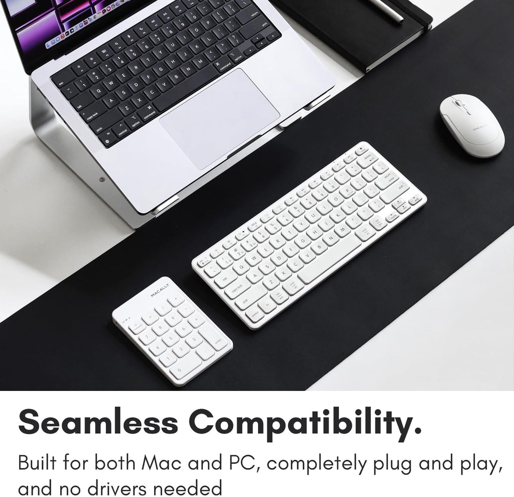 Macally Bluetooth Number Pad for Laptop, Apple, Mac, iMac, MacBook Pro/Air, Ipad, Windows PC, Tablet, or Desktop Computer - Rechargeable 18 Key Wireless Numeric Keypad - White Bluetooth 10 Key Numpad