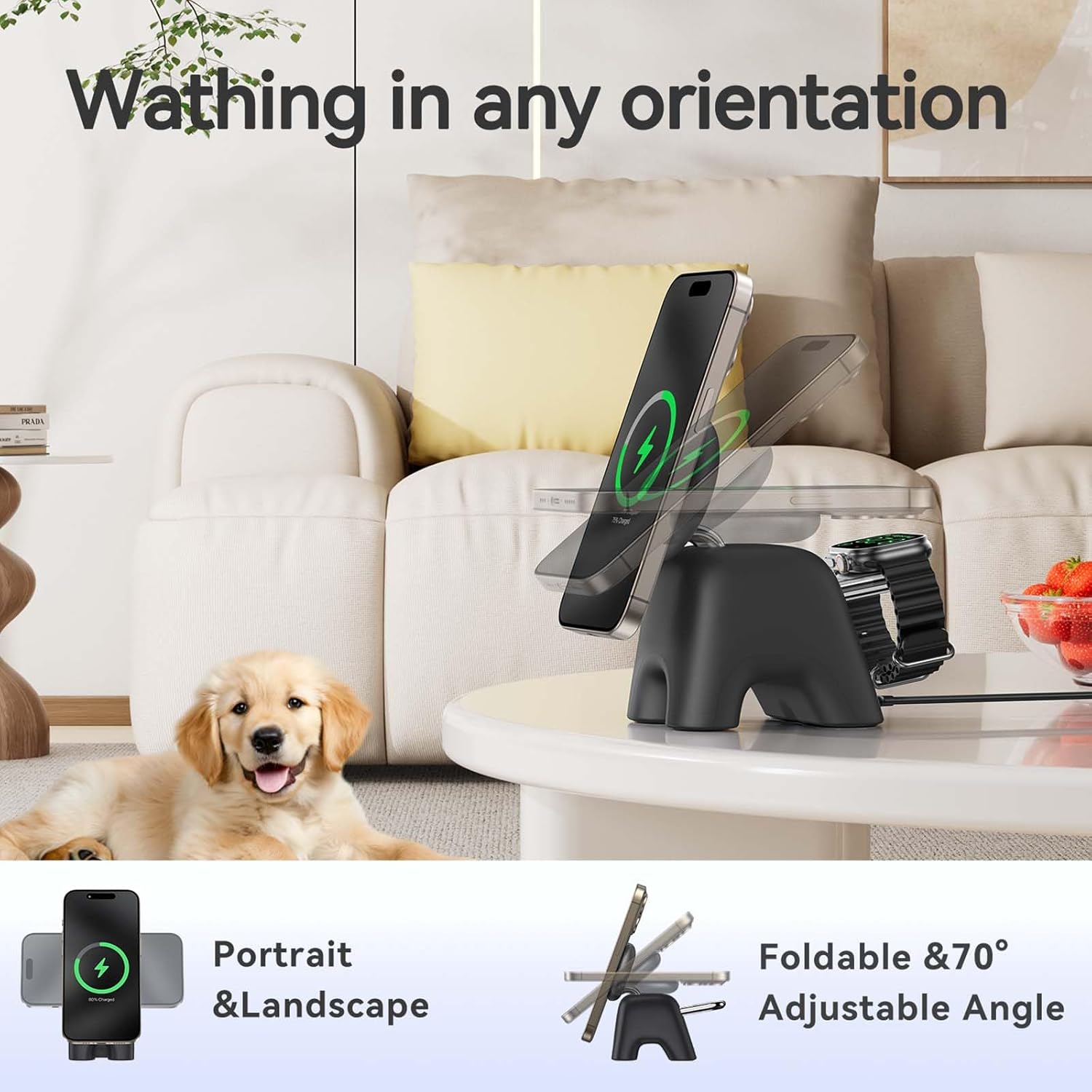 2025 Magnetic Wireless Charging Station, 15W Mag-Safe Charger Stand for iPhone 16 15 14 13 12 Pro Max, 5W for Apple Watch&Airpods, 2-in-1 Foldable Charger for Home/Office/Travel(with 30W Adapter)