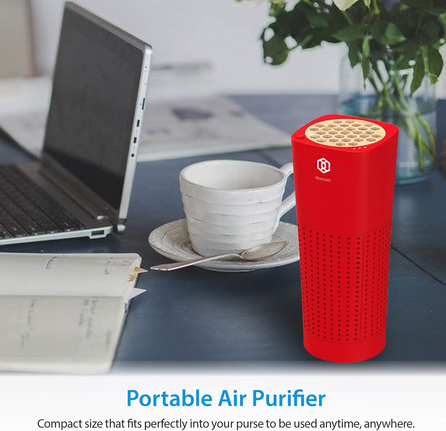 IMUNSEN M-003R True HEPA 13 Filter Air Purifier for Car, Desk, and Office with Carbon Deodorization Filter, 4-Stage Filtration, Smoke, Odors, Allergens, USB Port 5V, Made in Korea - Red