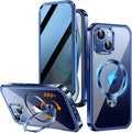 [360° Rotatable CD Stand & Built-in Privacy Screen Magnetic Case for iPhone 15 [Compatible with MagSafe & Full Signal] Mil-Grade Shockproof Full Body Anti-Spy Cover for 15-Blue