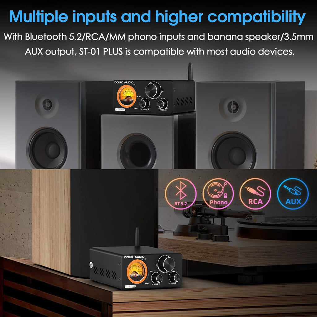 Douk Audio 2 Channel TPA3255 Bluetooth Amplifier 300W x2, Turntable Phono Amp with VU Meter, Treble Bass Control for MM Record Players, Home Theater Speakers (ST-01 Plus)