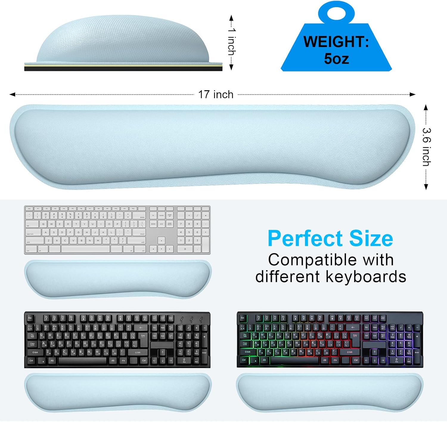 Dapesuom Enlarge Keyboard Wrist Rest, Memory Foam Keyboard Wrist Cushion for Computer Desk Mats Support, Typing Pain Relief Ergonomic Mouse Pad Rests with Non-Slip Base for Gaming, Laptop, Sky Blue