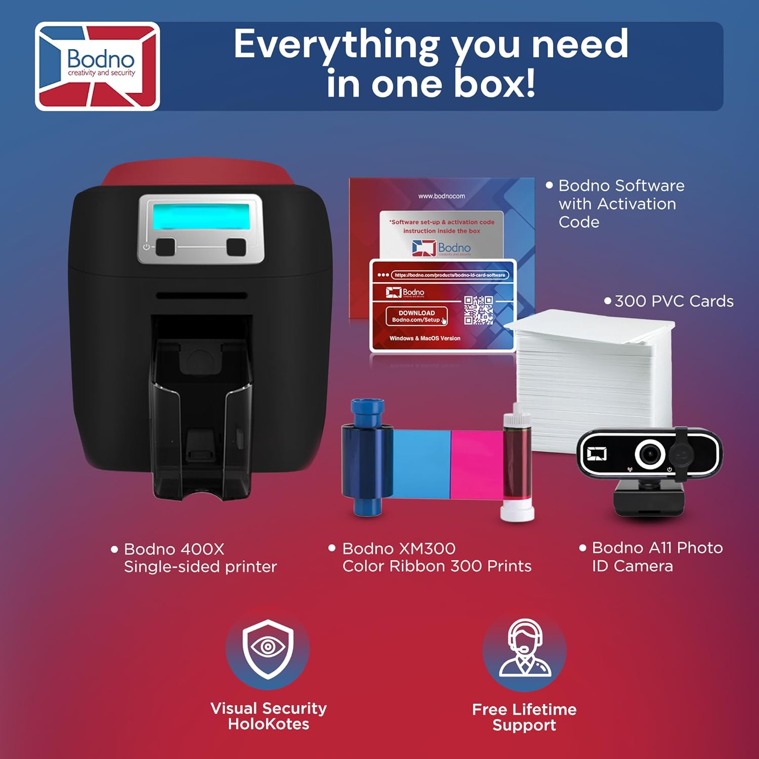Bodno Magicard 400X Single Sided ID Card Printer & Complete Supplies Package ID Software - Gold Edition