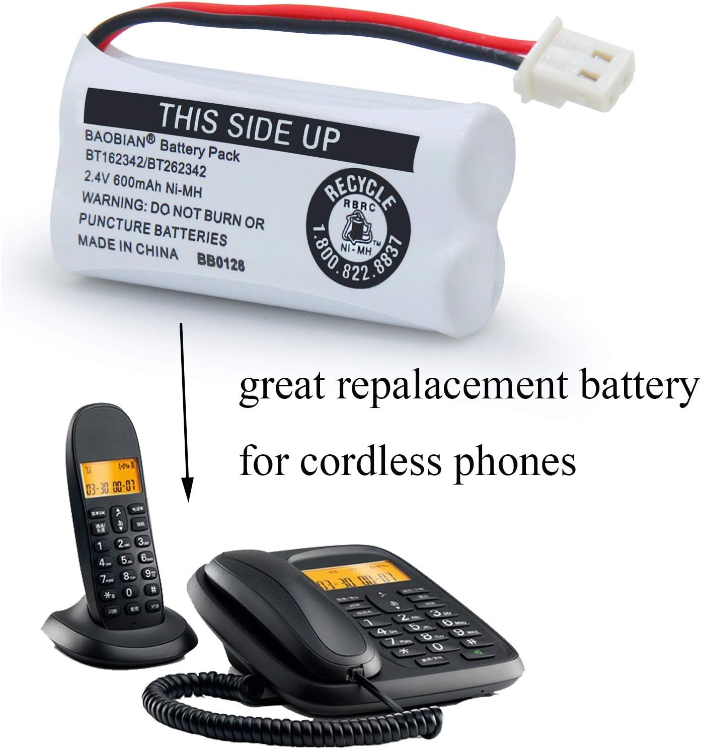 2.4V Ni-MH BT162342 BT262342 Battery for BT183342 BT283342 BT166342 BT266342 VTech CS6114 CS6419 CS6719 AT&T EL52300 CL80111 Cordless Phone (2 Pack)