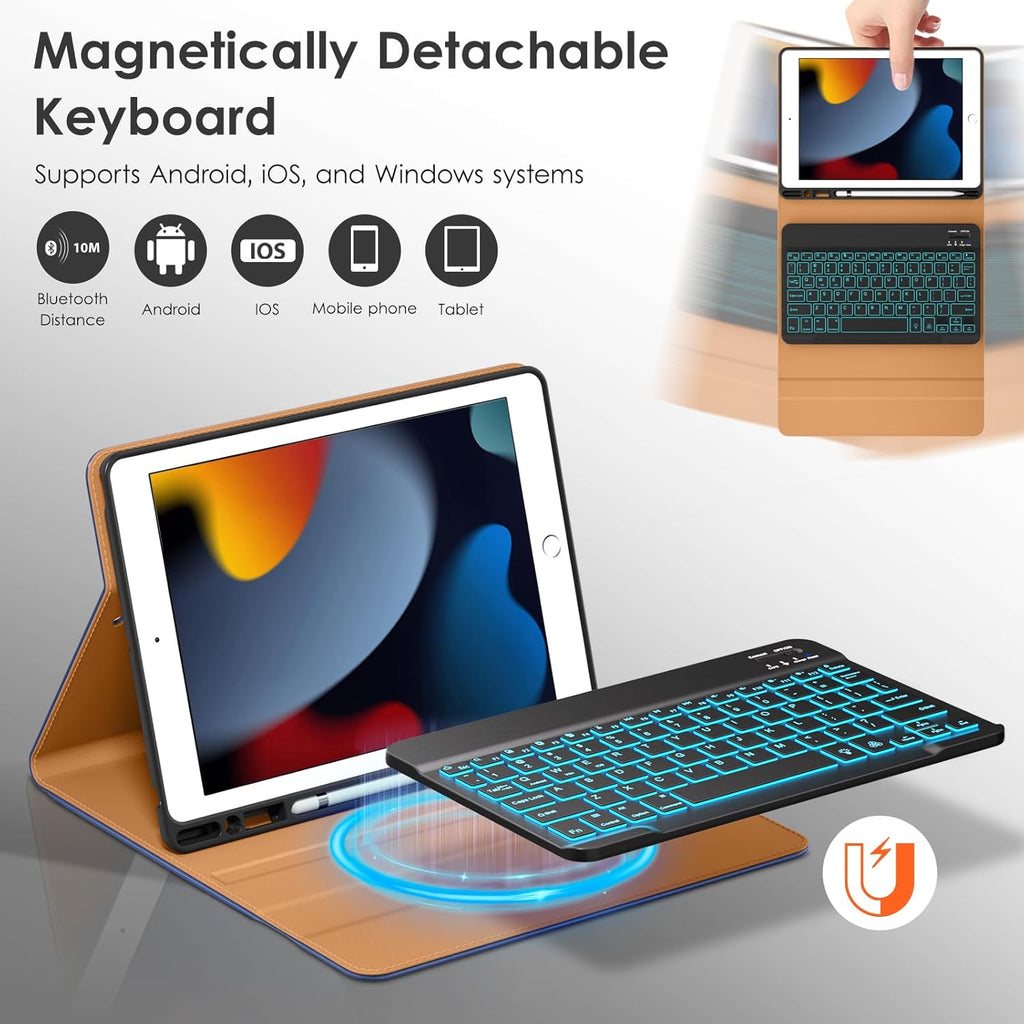 DTTO for iPad 9th/8th/7th Generation 10.2" Case 2021/2020/2019 with Keyboard, 7 Colors Backlit Wireless Detachable Keyboard Premium Leather Folio Cover with Pencil Holder & Pocket, Navy Blue