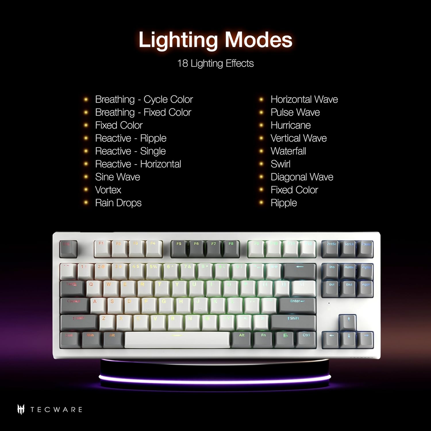 TECWARE Phantom+ Elite 87 Key RGB Mechanical Gaming Keyboard, LED Backlit, Universal Hot-Swap, Wired and Wireless, 3 Mode Connectivity, Thocky Sounding, White Elite Wraith Brown