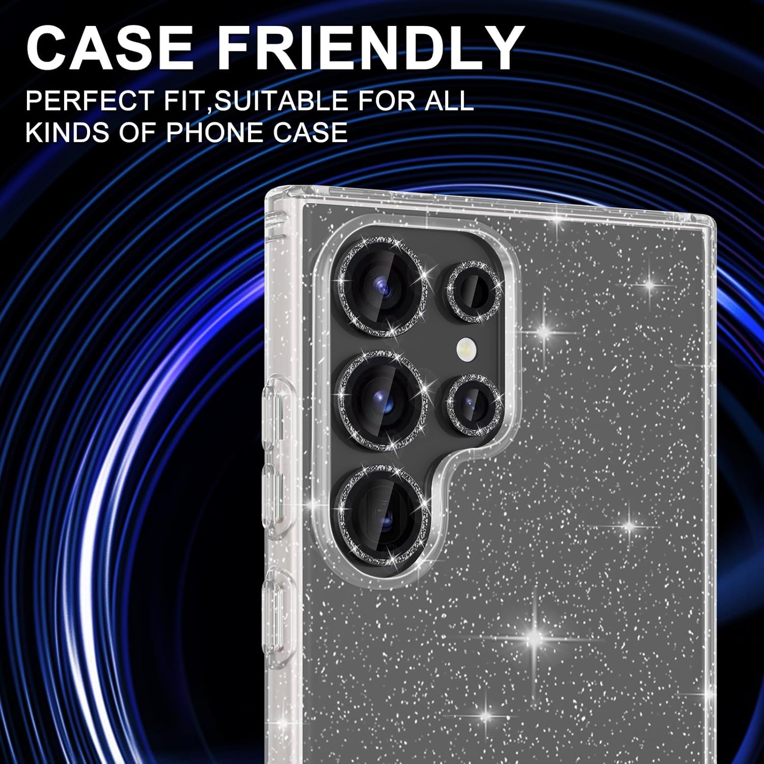 for Samsung Galaxy S22 Ultra Camera Lens Protector, Individual Metal Ring Tempered Glass Lens Cover, [Strong Adsorption] Scratch Resistant Ultra-Thin HD Clear Lens Cover, 1 Set-Black Sparkly