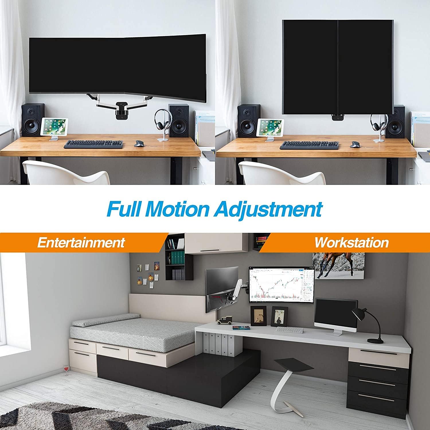 AVLT Dual Extended 13"-32" Monitor Wall Mount fits Two Flat/Curved Computer Monitor Full Motion Height Swivel Tilt Rotation Adjustable Monitor Arm - VESA/Cable Management
