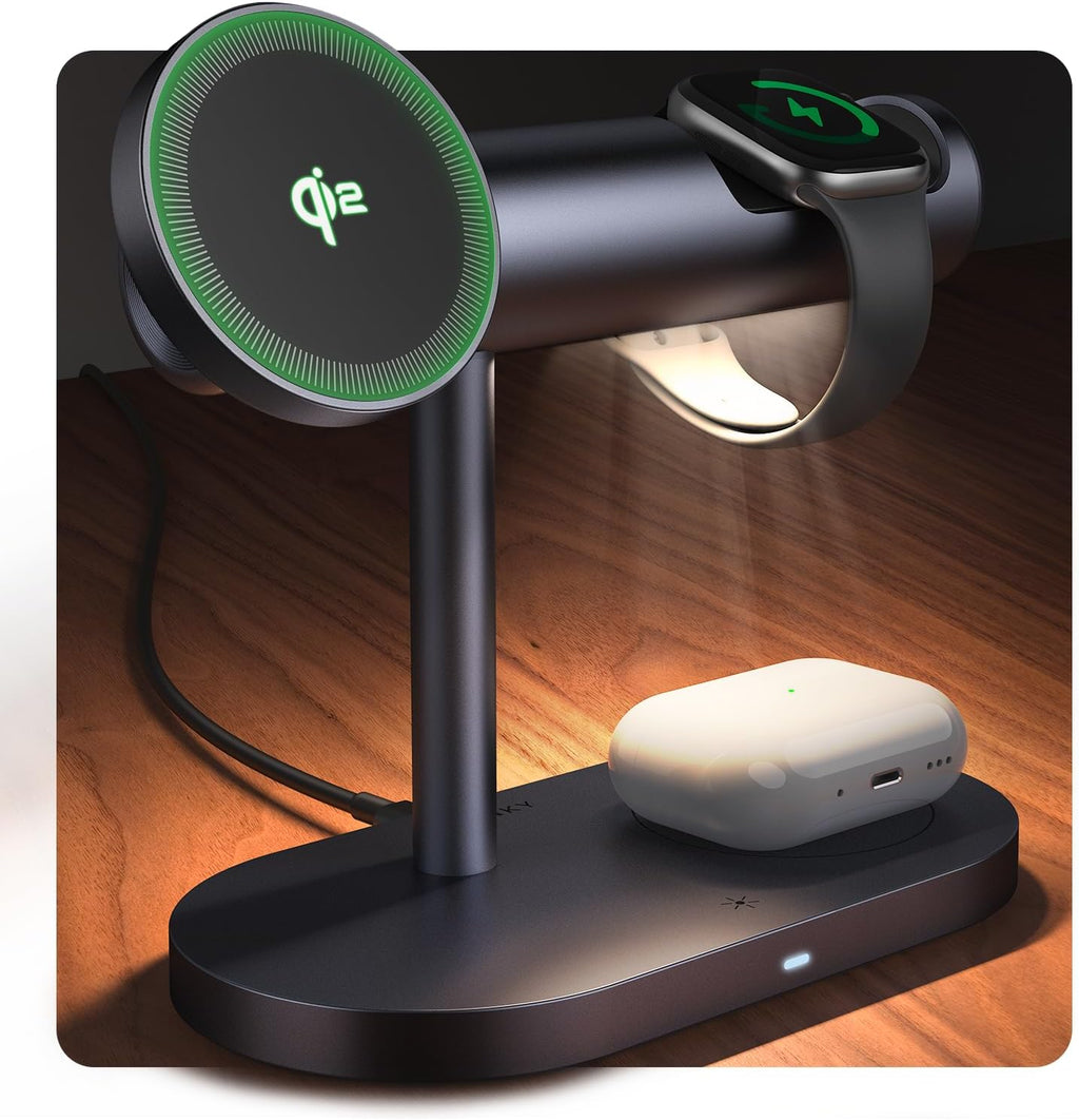 iVANKY Qi2 Certified 4 in 1 Wireless Charger Stand with Nightstand Light for MagSafe Magnetic Charging Station for iPhone 17/16 Plus Pro Max Air,Apple iWatch, Airpods (with 33 W PD Charger) ﻿