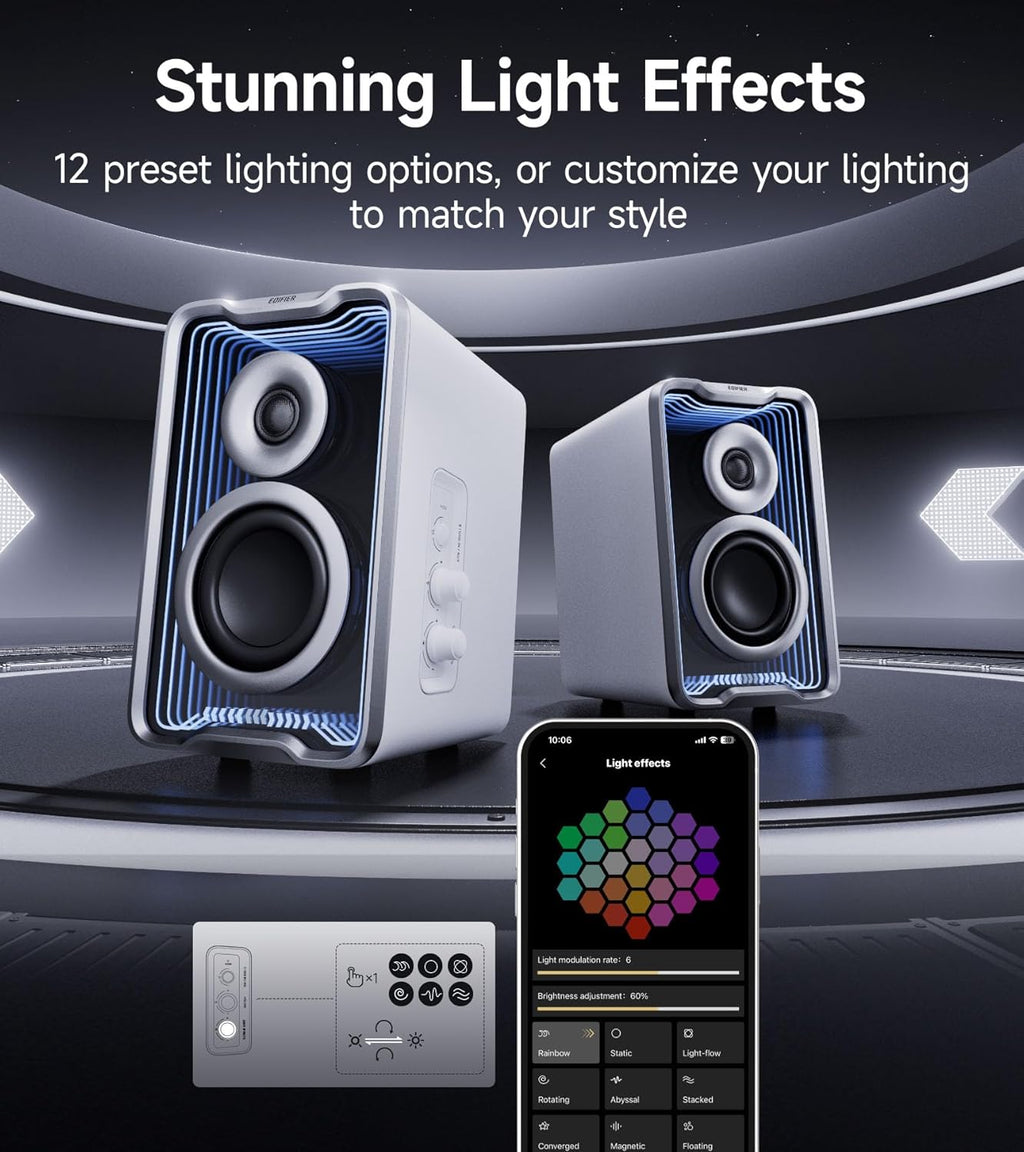 Edifier QR30 2.0 Desktop Active Speaker, Compact Bluetooth V5.4 Computer Speakers, Wireless Bookshelf Speaker, 30W (RMS), 3.5mm AUX & USB-A Wired Input, Dynamic Light Effects, App Control, White