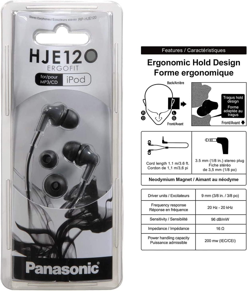 Panasonic ErgoFit Wired Earbuds, 3.5mm Jack In-Ear Headphones Wired with Dynamic Crystal-Clear Sound and Ultra Soft Ergonomic Custom-Fit Earpieces (S/M/L), for Phones and Laptops - RP-HJE120-K (Black)