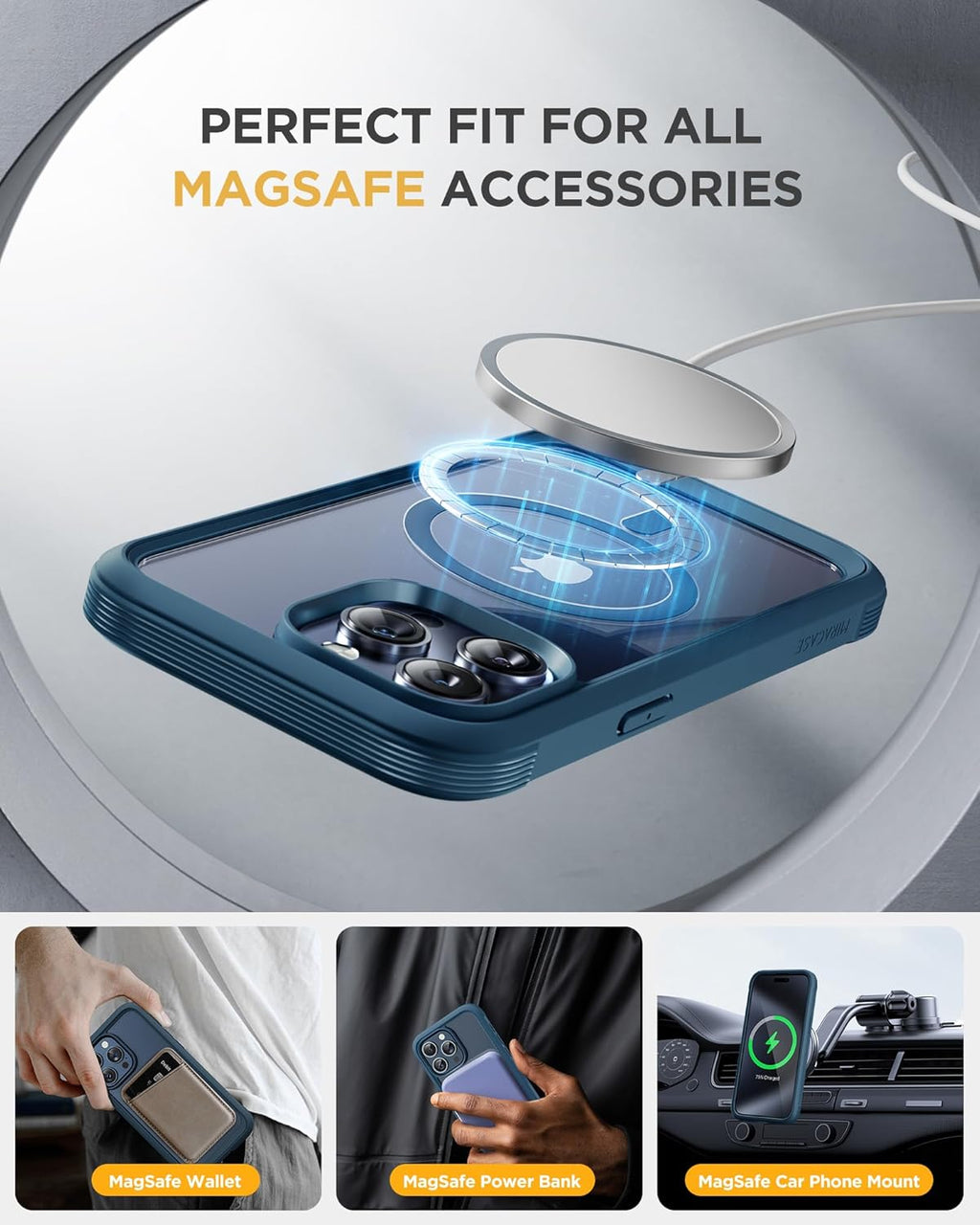 Miracase Magnetic for iPhone 15 Pro Case [Compatible with MagSafe] Full-Body Phone case with Built-in Glass Screen Protector& Camera Protector, Military Drop Proof 15 Pro Cover 6.1 inch, Storm Blue