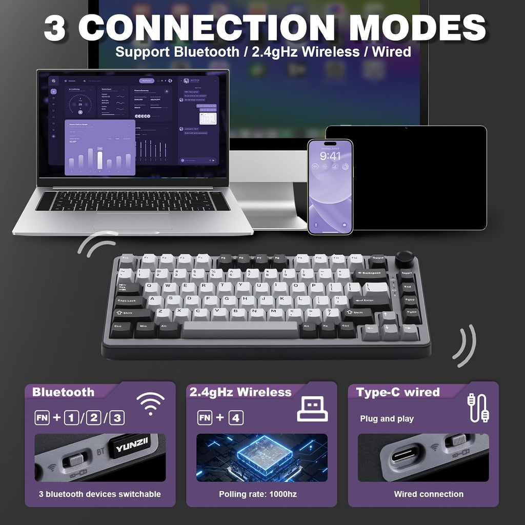 YUNZII B75 PRO Wireless Mechanical Keyboard,75% Layout with Knob,Hot Swap Gasket Custom Structure,Creamy Pre-lubed Switches,RGB Backlit,BT/Type-C/2.4G for Win/Mac(Cocoa Cream V2 Switch,Dark Grey)