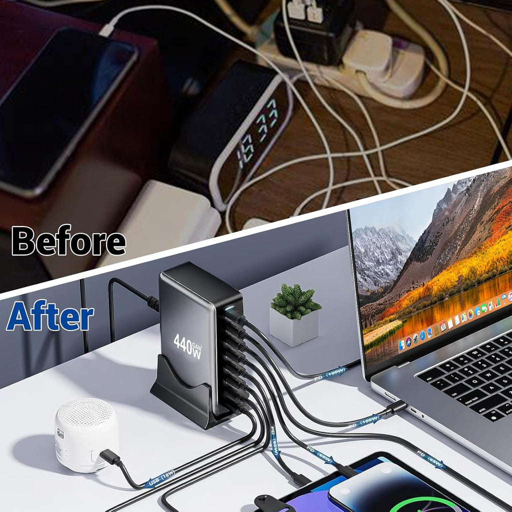 440W USB C Fast Charger Block, 8 Port Charging Station, GaN Ⅲ Multi Port Charging Station Hub for Multiple Devices, Multiport USB Charger Station Compatible with MacBook iPhone iPad Dell