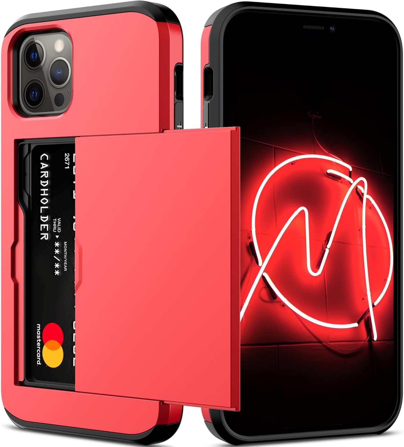 Nvollnoe for iPhone 12/iPhone 12 Pro Case with Card Holder Heavy Duty Protective Dual Layer Shockproof Hidden Card Slot Slim Wallet Case for iPhone 12/12 Pro for Men&Women(Red)