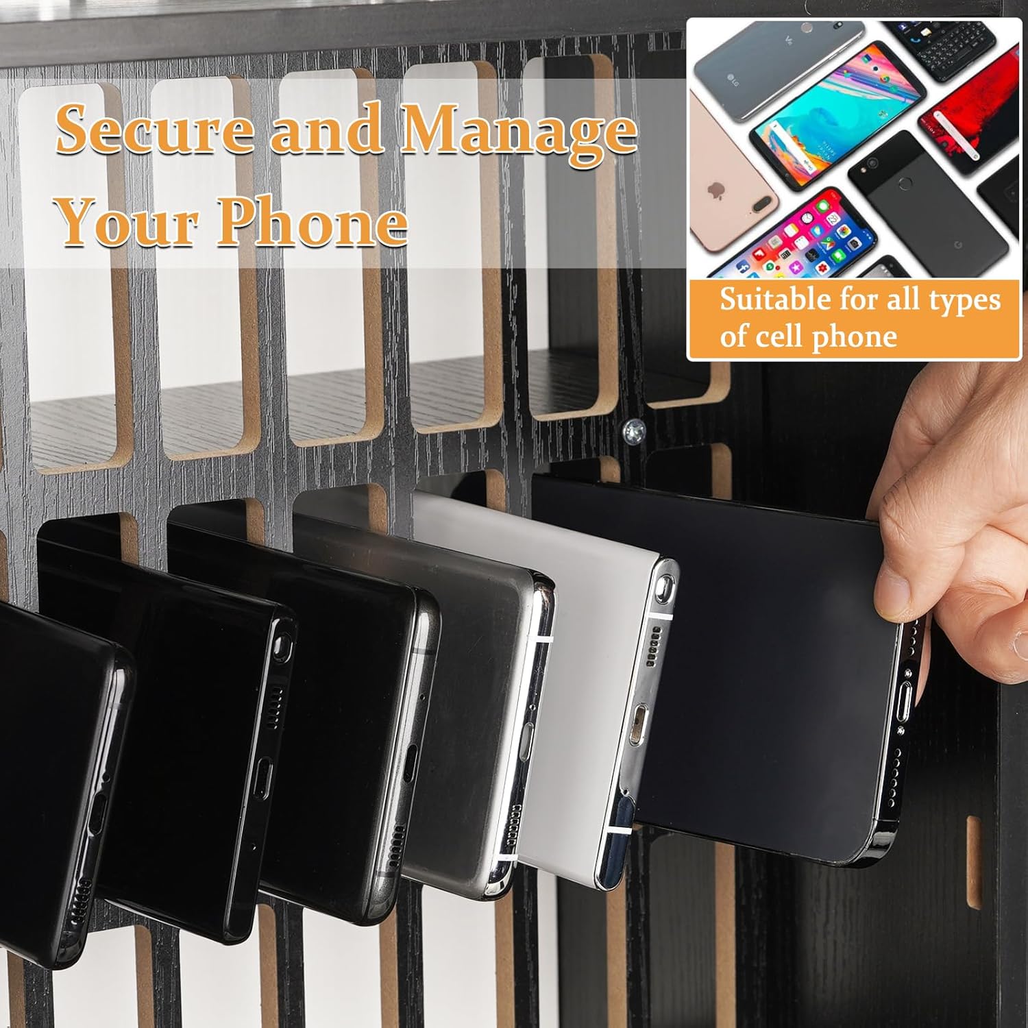 Cell Phone Holder Classroom 36 Slots Wooden Cell Phone Storage Cabinet Pocket Chart with Handle and Security Lock for Classroom Office (36 Grid Cabinet Black)