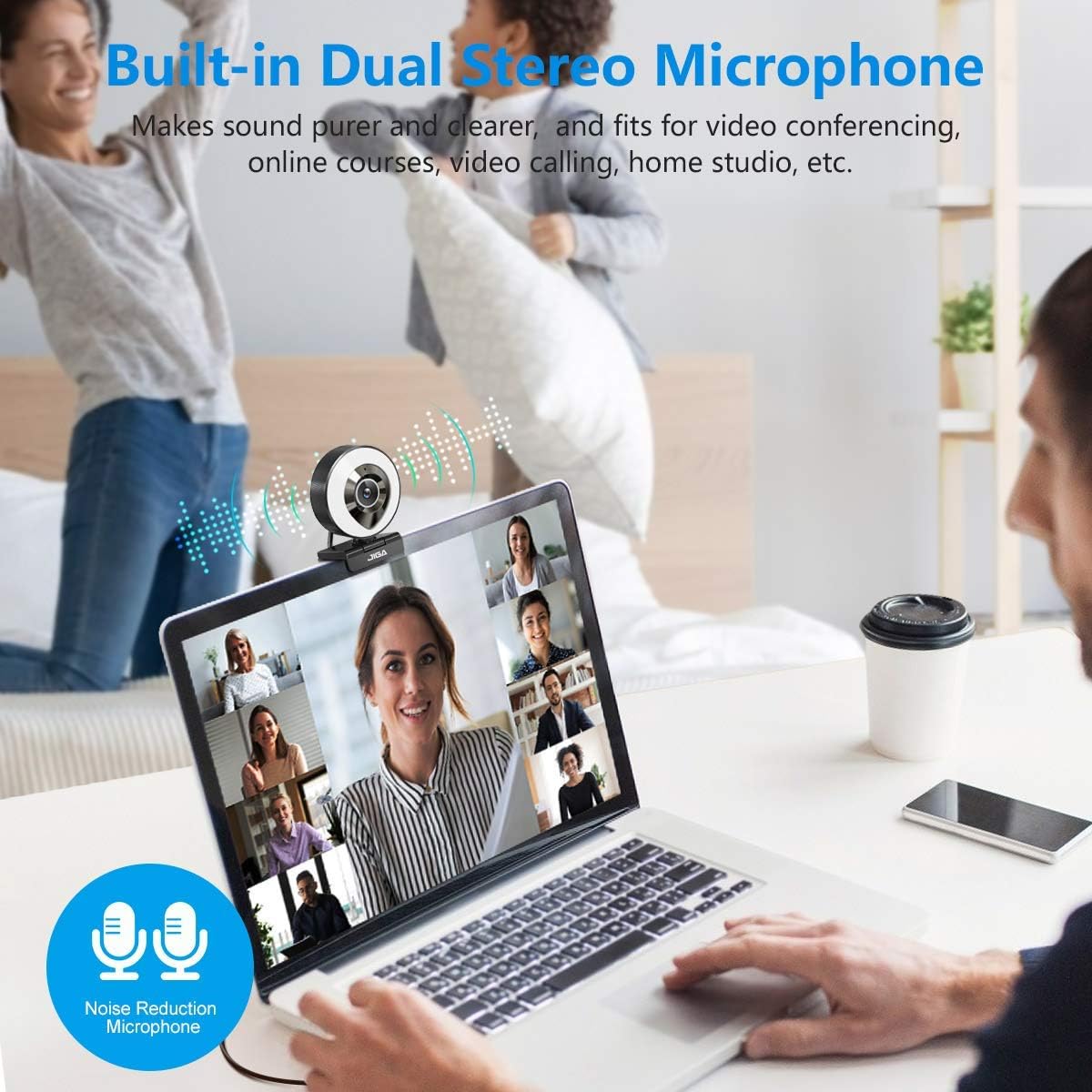 JIGA Streaming Webcam with Dual Microphone 1080P Adjustable Right Light Pro Web Camera Advanced Auto-Focus with Tripod Zoom Camera Gaming Webcam for Xbox Facebook YouTube Streamer Conferencing