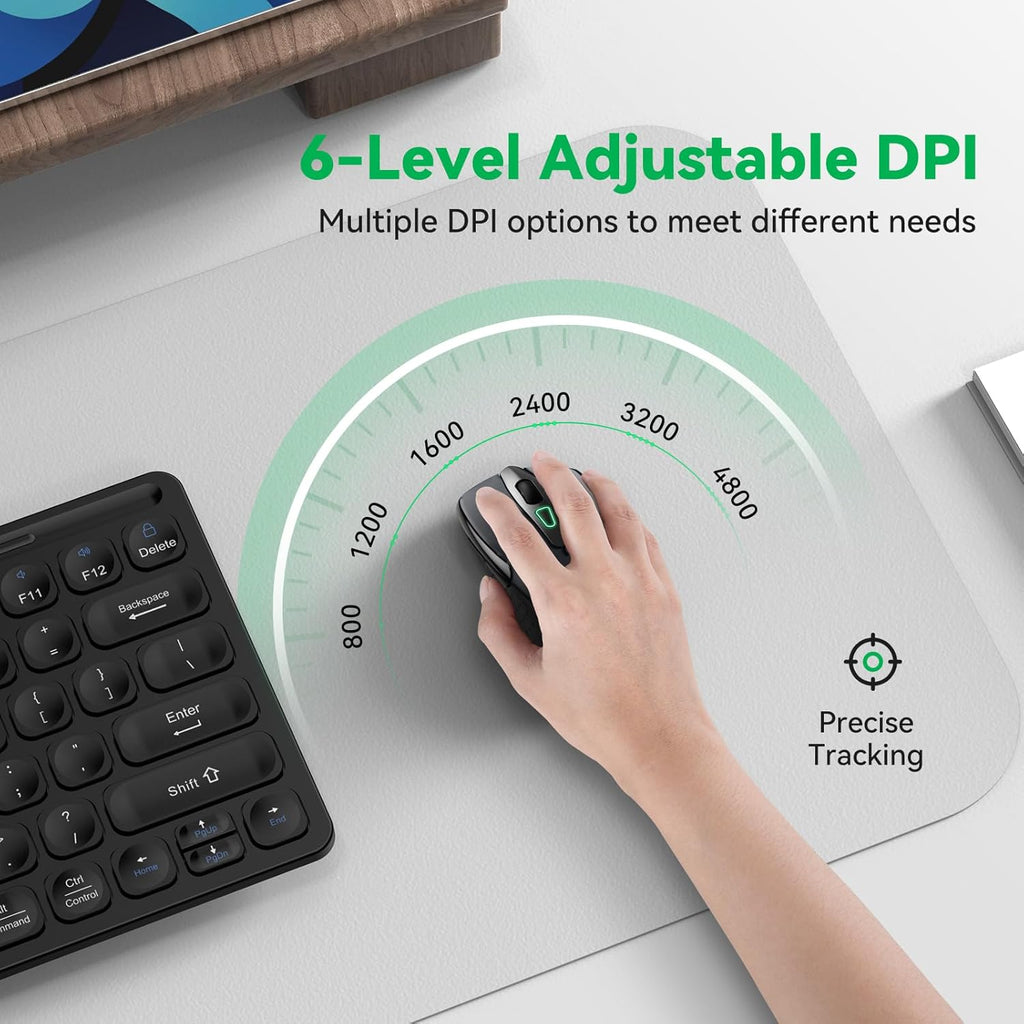 Bluetooth Mouse (BT5.0/3.0 & 2.4G) Rechargeable Wireless Mouse, 4800 DPI Optical Tracking, 6 Adjustable DPI, 2.4GHz with USB A Receiver, Quiet Clicks, Ergonomic Grips, 6 Buttons - Grey