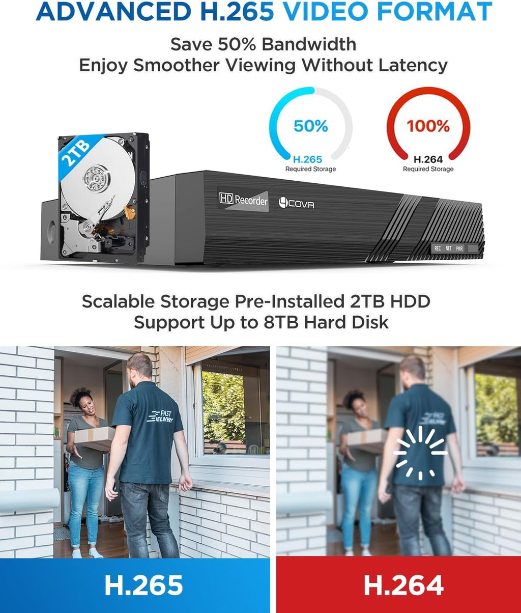 4COVR NVR Security Camera System, 8MP H.265 NVR with 2TB HDD, 4X 5MP PoE Dome IP Cameras with Audio, AI Person/Vehicle Detection, Night Vision, IP67 Weatherproof for Outdoor/Home, LY97AX5M0804-1