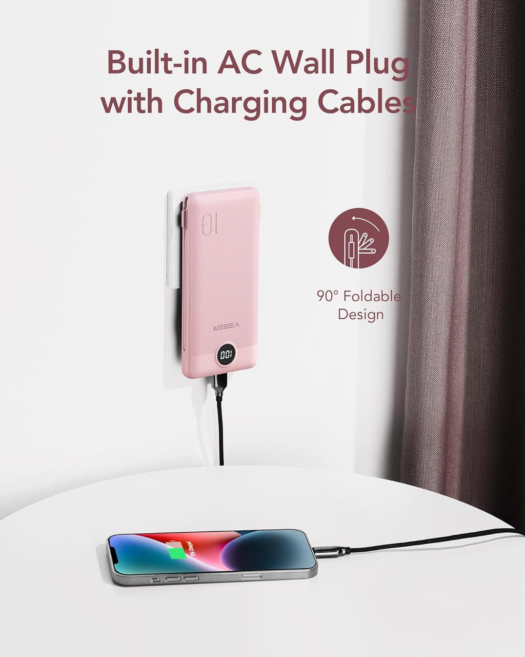 VEGER Portable Charger for iPhone with Built in Cables and Wall Plug, 10000mah Slim Fast Charging USB C Power Bank, Travel Essential Battery Pack Compatible with iPhone, iPad, Samsung etc(Crepe)