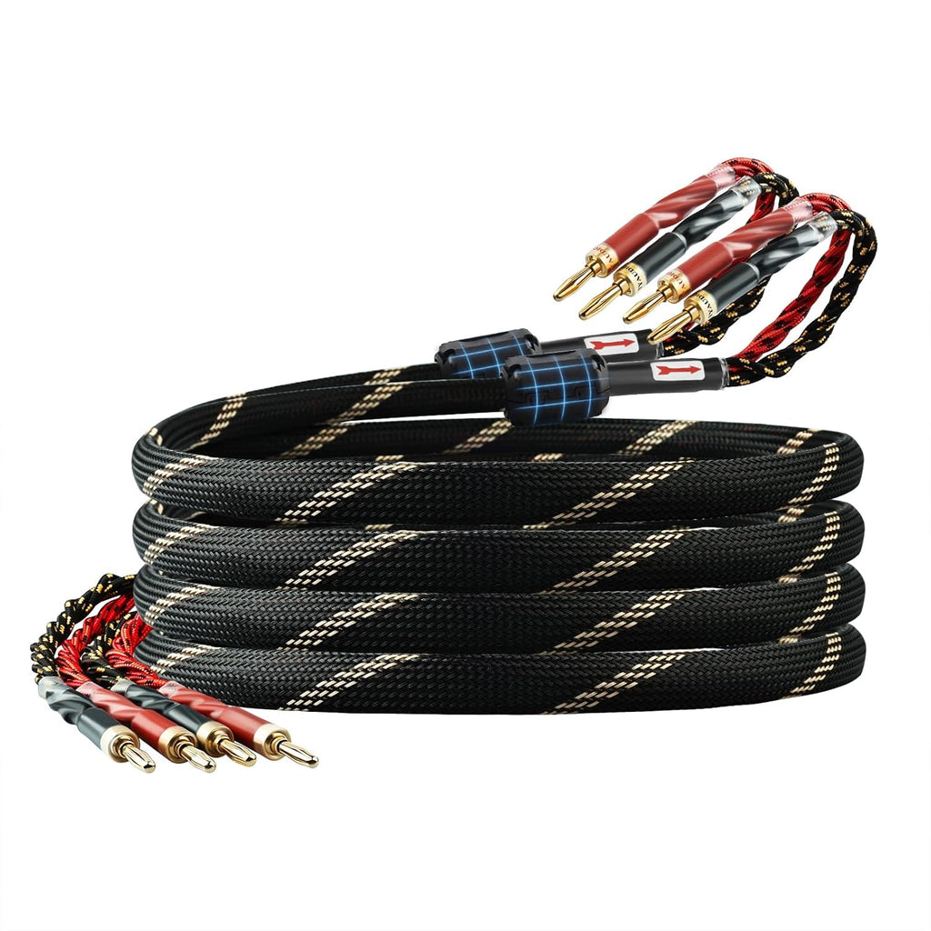 10 AWG Audiophile HiFi Speaker Audio Cable–4N OFC Core,24K Gold-Plated Banana Plugs with Nylon Braid,Compatible with Amplifier,Speakers,AV Receiver & Home Theater(9.84ft/3m) 2-Pack