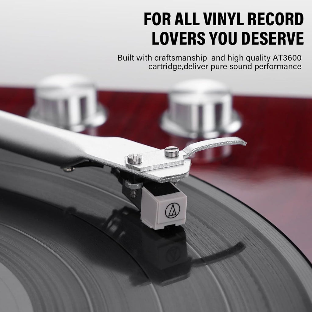Belt Drive Turntable for Vinyl Record Player,Connect with Bluetooth Speakers or Active Speaker,Built-in Phono Pre-amp,USB Digital Output, Magnetic Cartridge,High-Gloss Wood Design(Red)