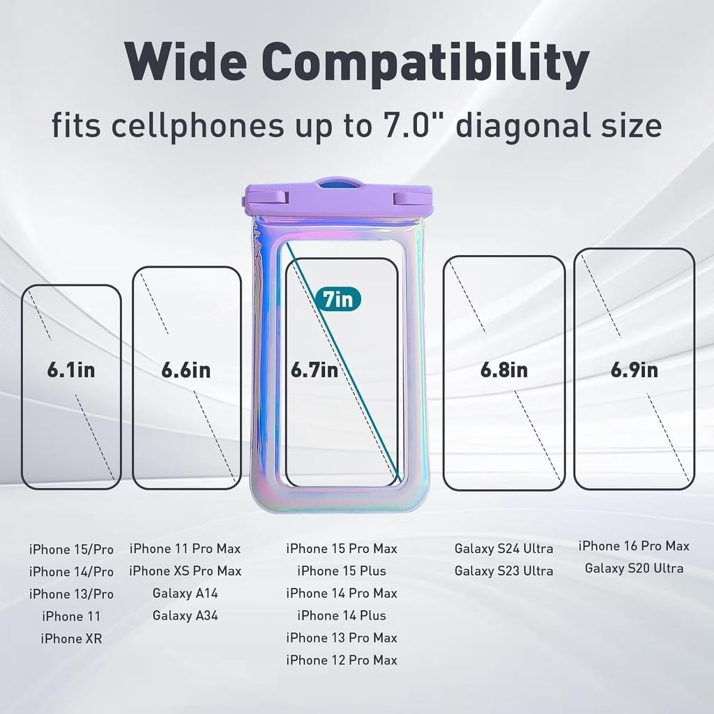 Floatable Waterproof Phone Pouch Case for iPhone 16 Pro Max/15/14/13/12, IP68 Travel Cellphone Dry Bag Beach Cruise Ship Essentials Bags with Crossbody Lanyard, Iridescent Purple-7″2 Pax