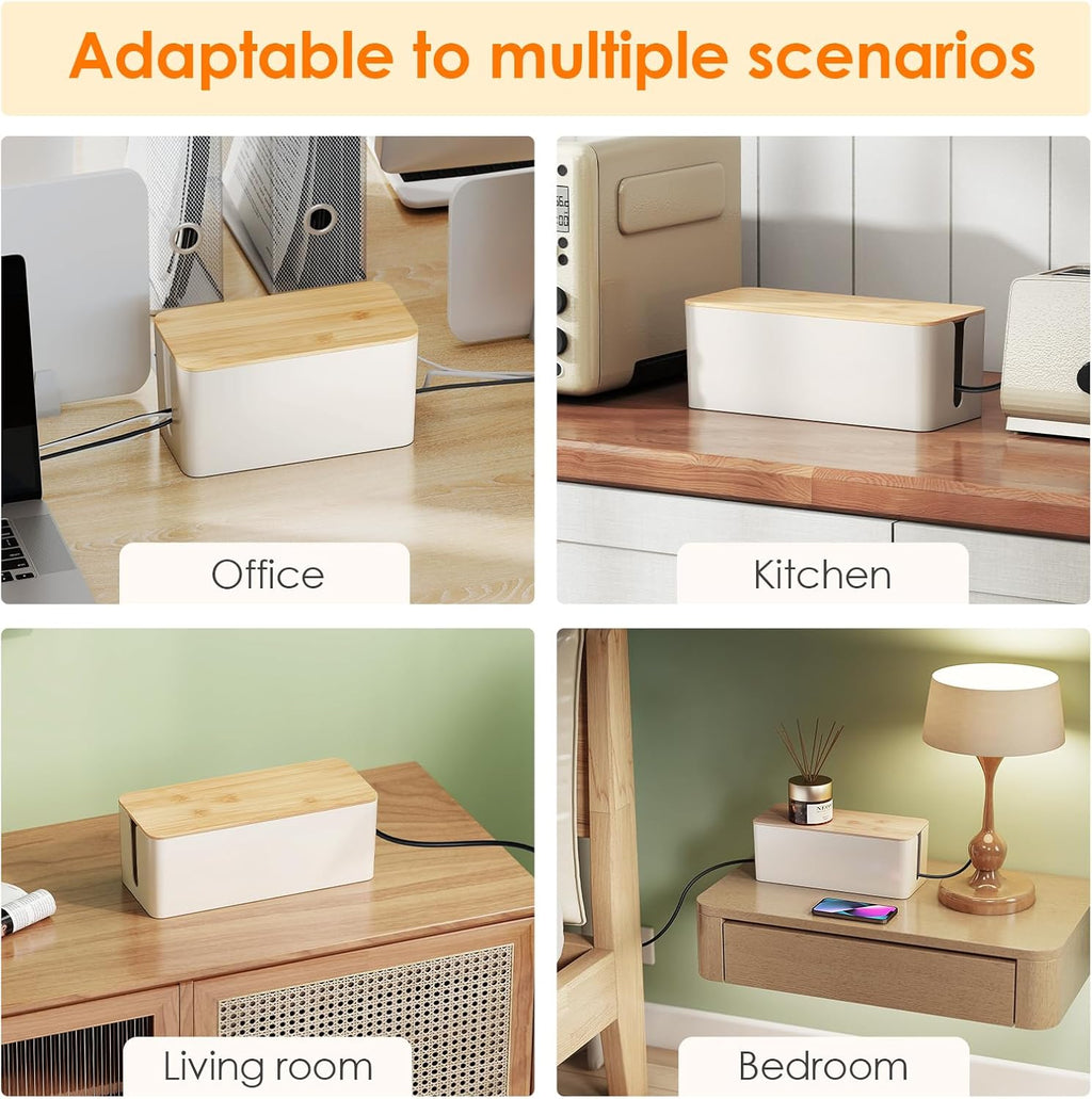 DELAMU 2 Pack Cable Management Box, Safe ABS Wood Grain Desk Medium and Small Cord Organizer, Baby Pet Proof Lock Cord Box Hider for USB Hub TV Wires Computer Desks and Power Strips
