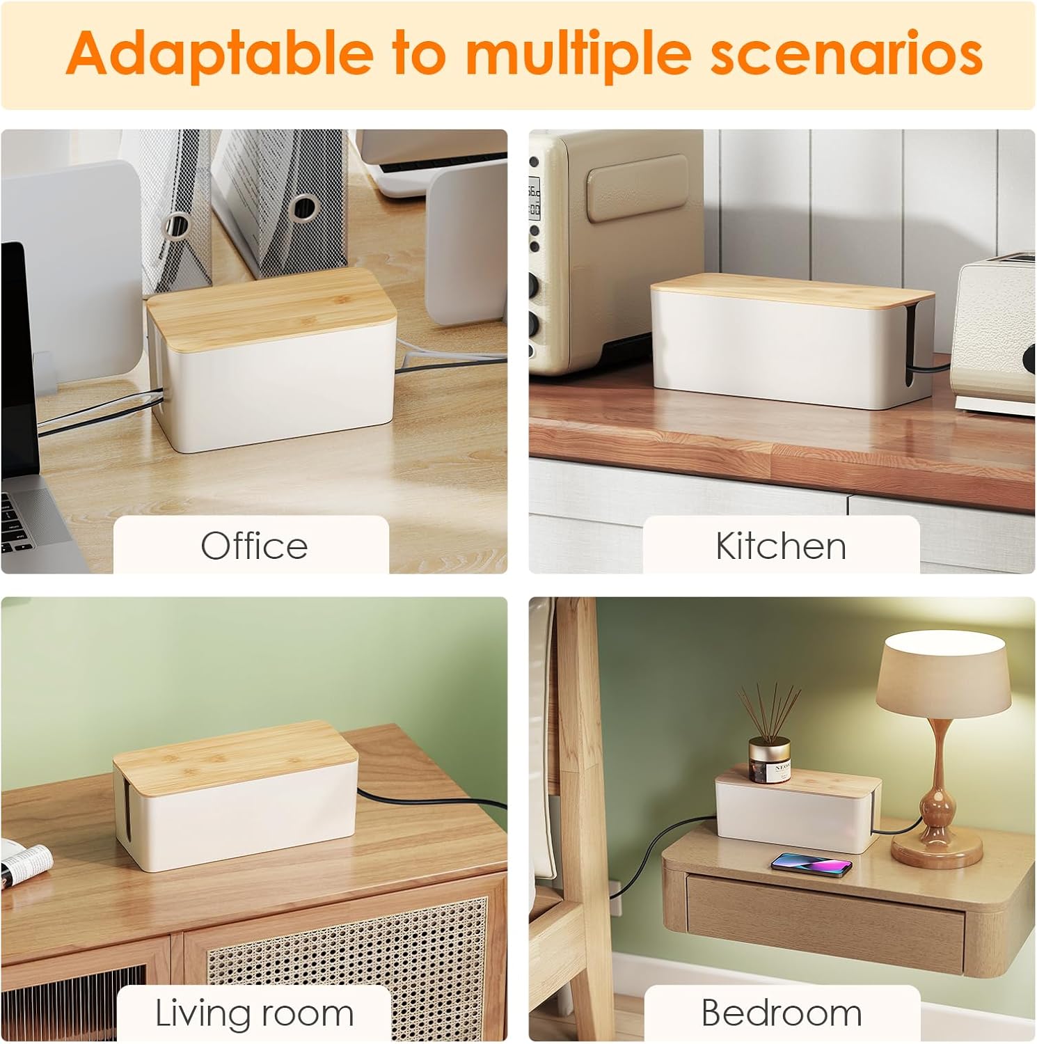 DELAMU 2 Pack Cable Management Box, Safe ABS Wood Grain Desk Medium and Small Cord Organizer, Baby Pet Proof Lock Cord Box Hider for USB Hub TV Wires Computer Desks and Power Strips
