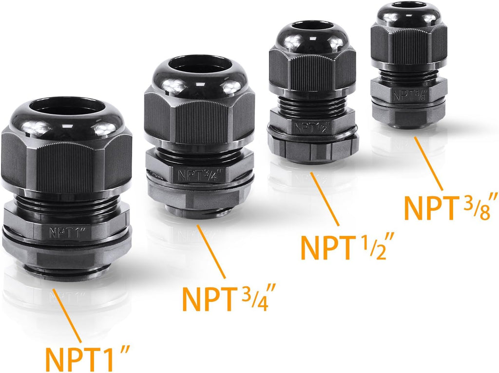 XHF IP68 Nylon Waterproof NPT Cable Glands Assortment 48pcs 1/4", 3/8'', 1/2'', 3/4'', 1'' UL Listed and RoHS Cord Grip Compliant Cable Strain Relief Black