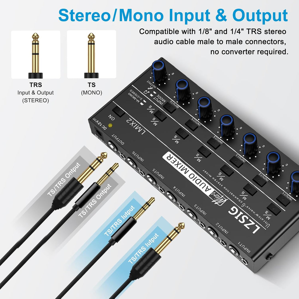 LZSIG Mini Audio Mixer,Stereo Line Mixer for Sub-Mixing,Ultra Low-Noise,6-Channel,Microphone Independent Control, 1/4" & 1/8" TRS Output and Input, for Guitars,Bass,Keyboards