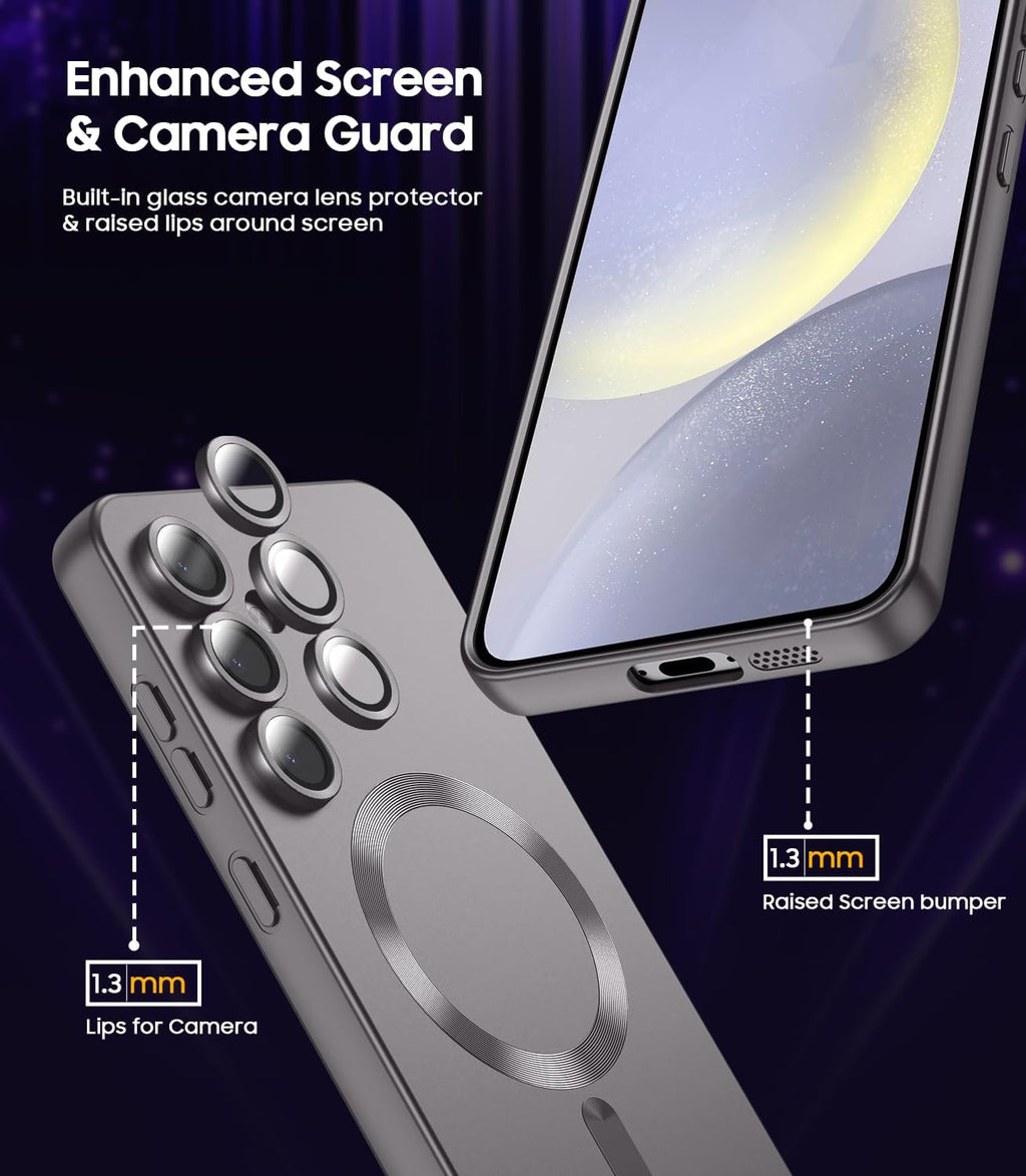 Magnetic for Samsung Galaxy S24 Case [Compatible with MagSafe][Built-in Camera Lens Protector] Slim Soft Silicone Bumper Shockproof Metallic Luster Phone Case (Gray)
