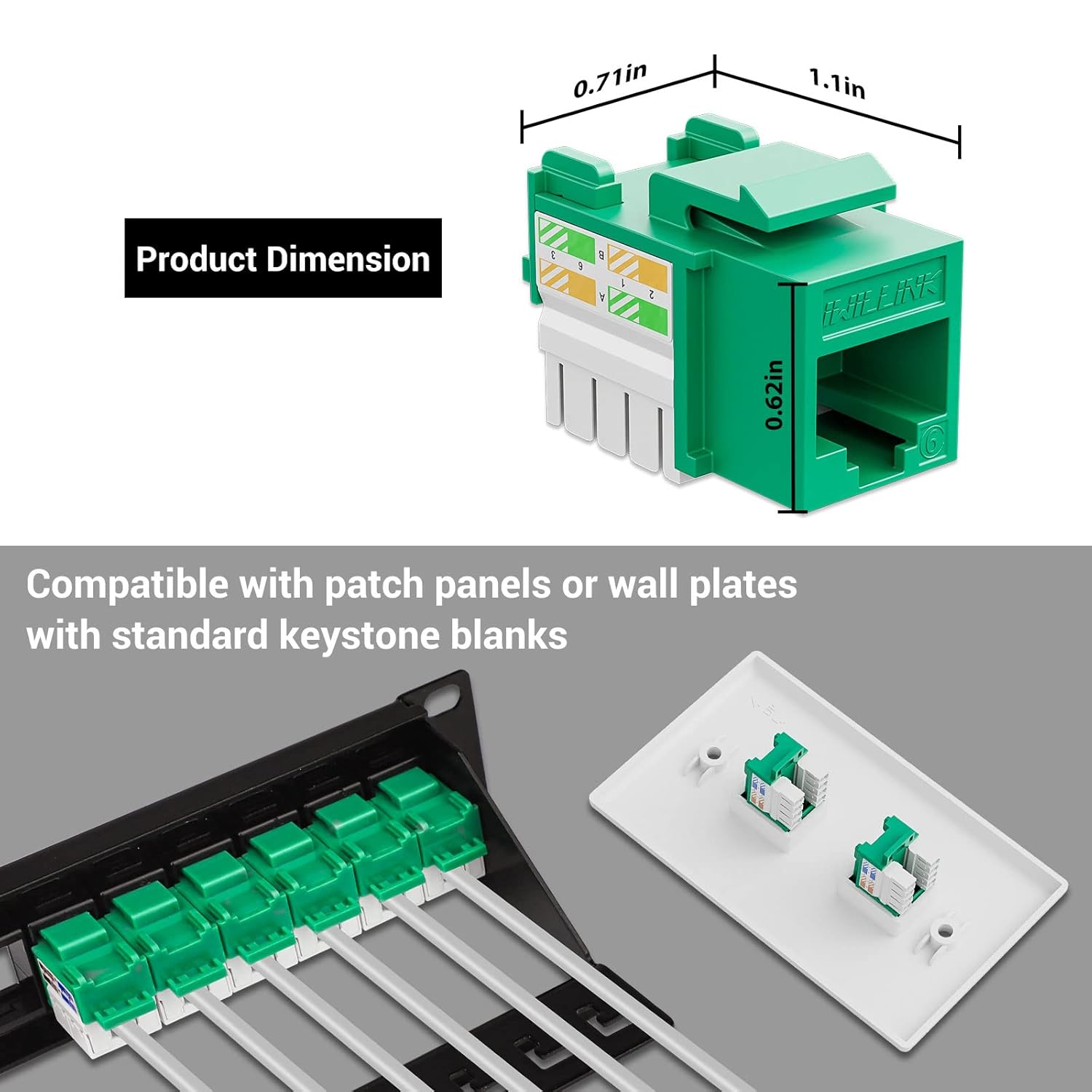 Iwillink Cat6 Keystone Jack and Punch-Down Stand, 50-Pack, RJ45 Ethernet Jack, 90-Degree UTP Modular Punch Down Adapter, Green