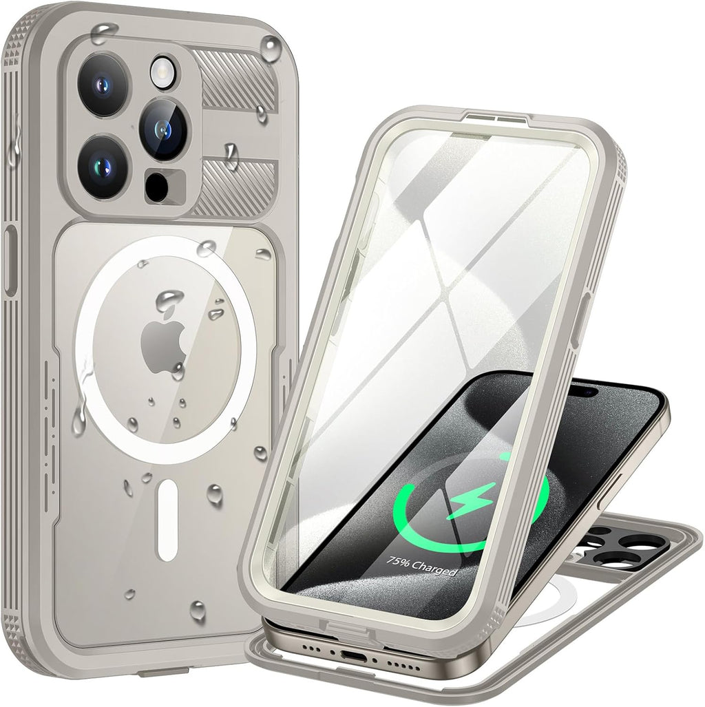 Lanhiem Magnetic for iPhone 15 Pro Max Case, IP68 Waterproof Dustproof Case, [Compatible with Magsafe] [Built-in Screen Protector] Full Body Heavy Duty Rugged Phone Cover 6.7 inch, Natural