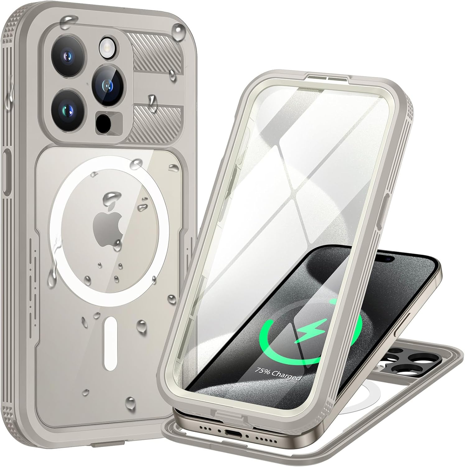 Lanhiem Magnetic for iPhone 15 Pro Max Case, IP68 Waterproof Dustproof Case, [Compatible with Magsafe] [Built-in Screen Protector] Full Body Heavy Duty Rugged Phone Cover 6.7 inch, Natural