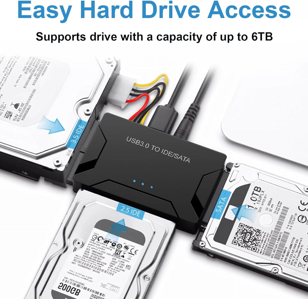 USB 3.0 to SATA IDE Adapter, Hard Drive Reader External Ultra Recovery Converter Compatible with 2.5" 3.5" HDD, SSD,5.25-inch DVD/CD-ROM Optical Drive Data Transfer with Power Supply