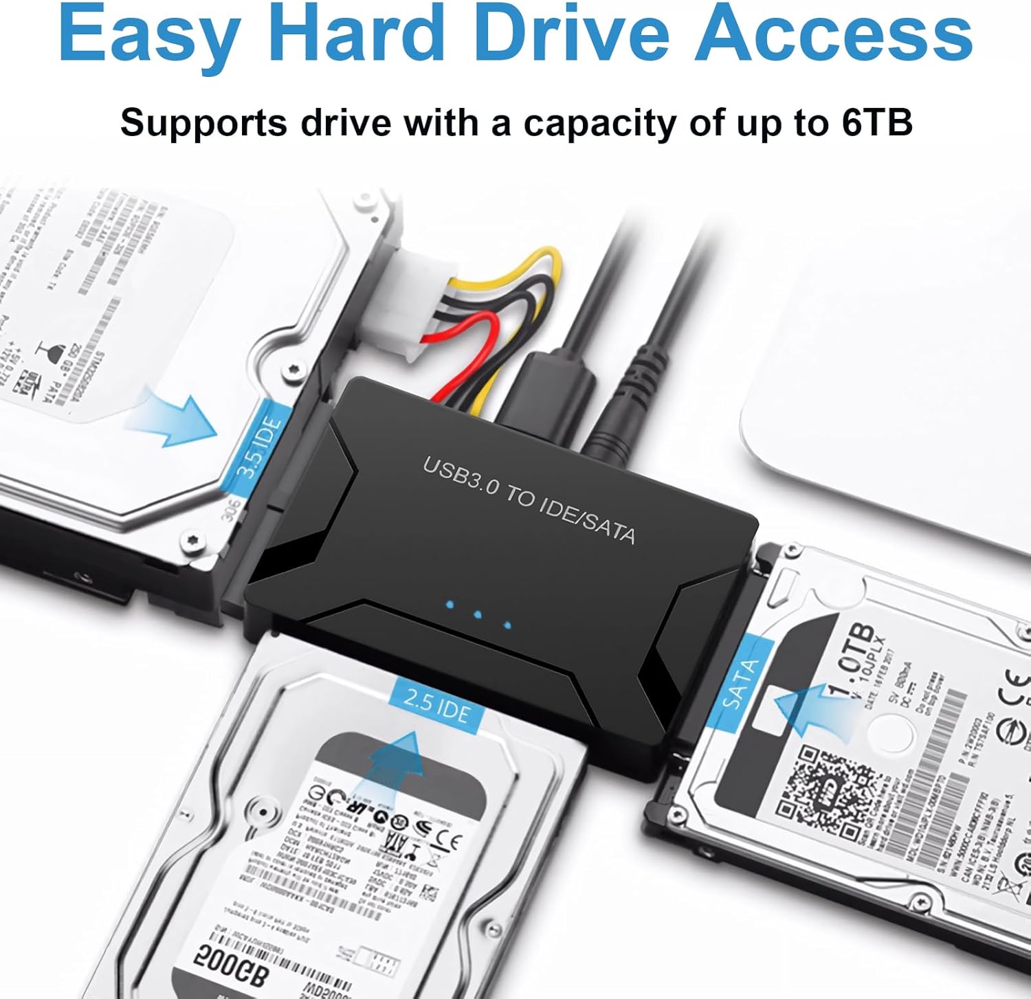 USB 3.0 to SATA IDE Adapter, Hard Drive Reader External Ultra Recovery Converter Compatible with 2.5" 3.5" HDD, SSD,5.25-inch DVD/CD-ROM Optical Drive Data Transfer with Power Supply