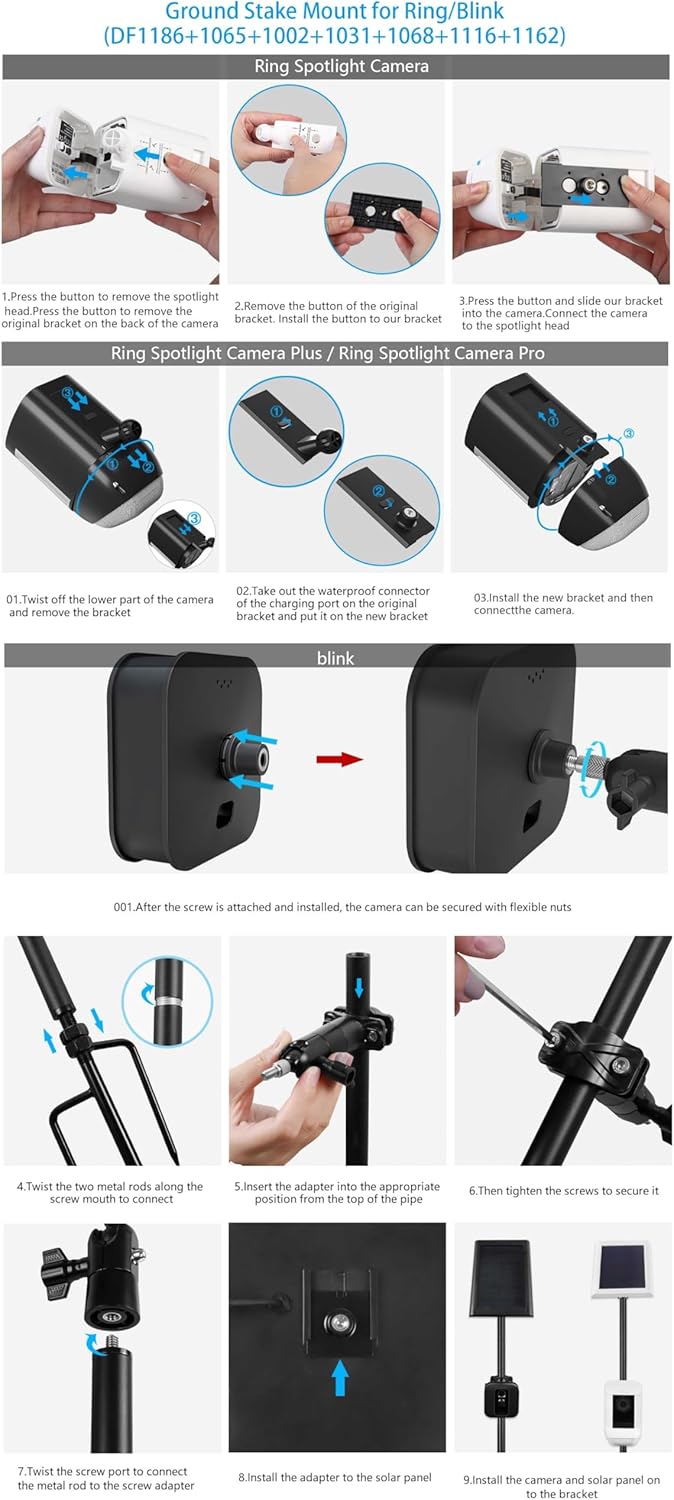 Universal Ground Stake Mount Bracket for Outdoor Security Cameras and Solar Panels, Compatible with Ring, Blink, Eufy, Google Nest, Arlo, Wyze, SimpliSafe, 1/4 Screw Cameras (Black)