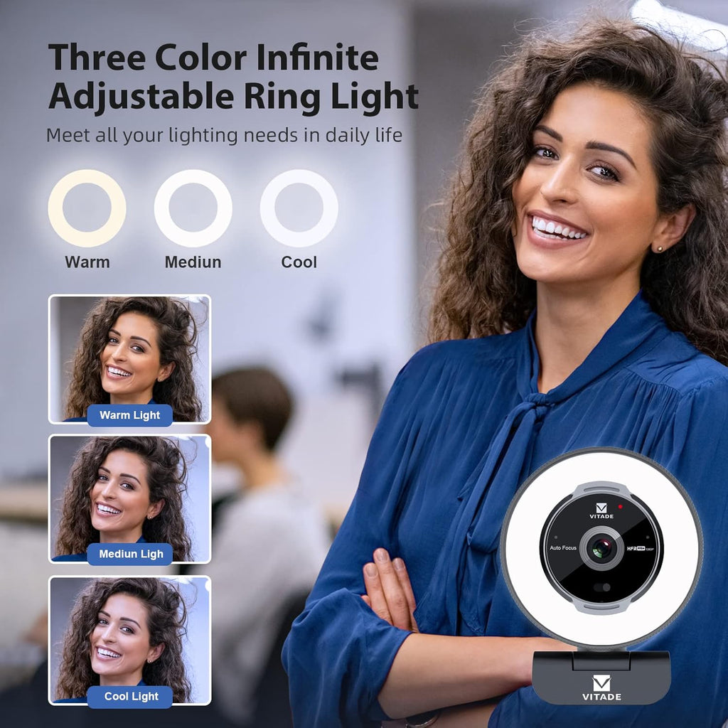 Zoomable Webcam with Remote Control, 1080P 60FPS Streaming Webcam with Adjustable Ring Light and Tripod, Pro USB 5X Digital Zoom Webcam for Zoom/Skype Teams/Laptop/Mac Windows